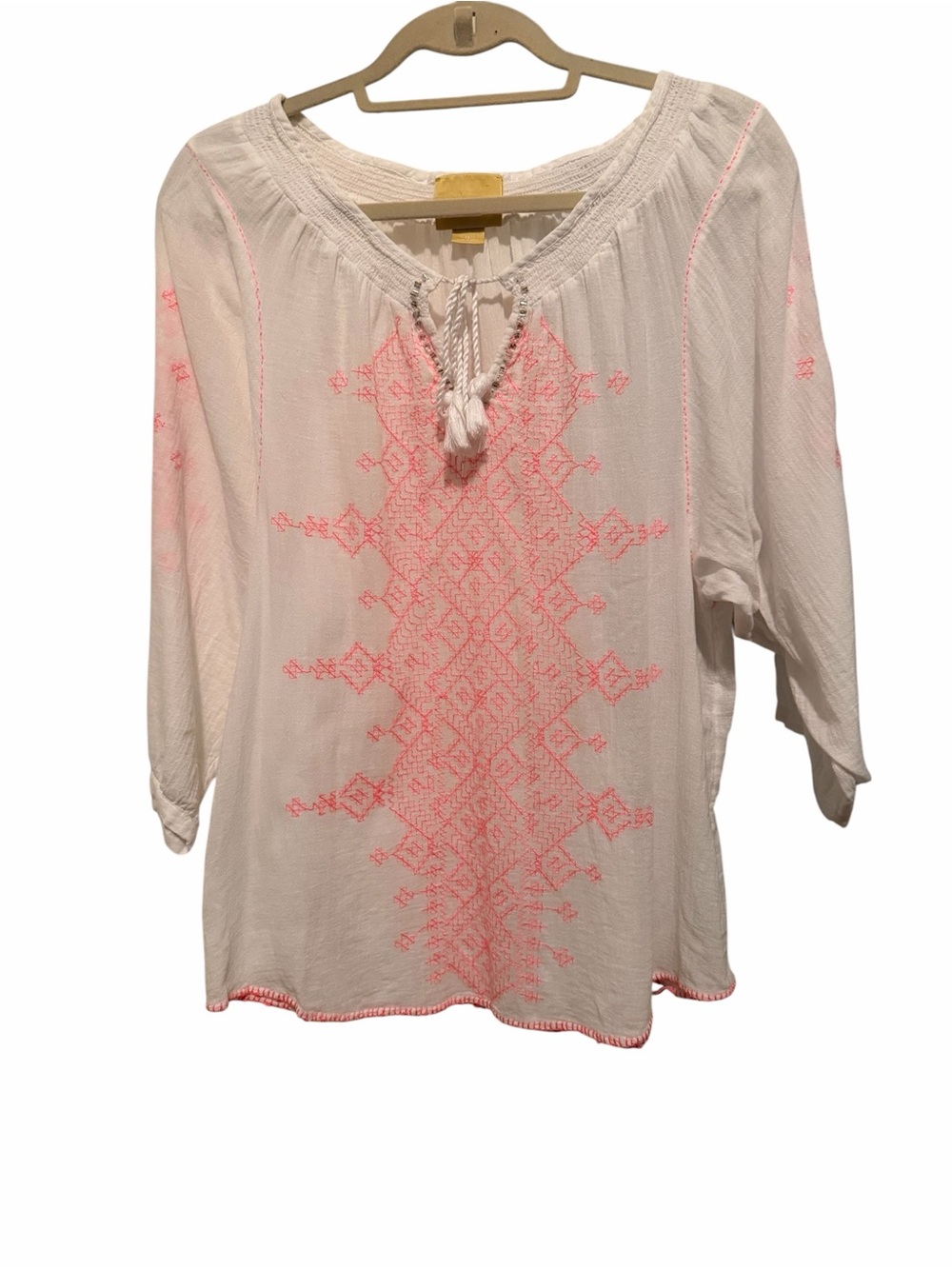 Anthropologie Maeve Boho White Tunic /Coverup Top with Pink Embroidery Size 10